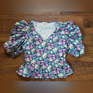 Peach Puff Sleeve Peplum Top Sz L